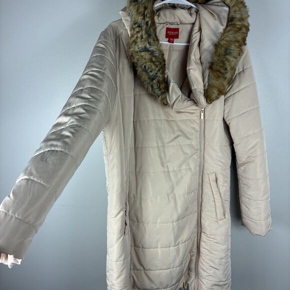 GUESS Hooded Puffer Coat Faux Fur Hood Women’s L Tan Jacket Insulated Y2K Winter - Picture 2 of 14